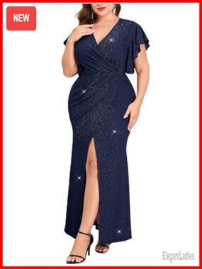 Plus Size Maxi Dress Sparkly Ruched Ruffle Sleeve V Neck Slit Evening Gown
